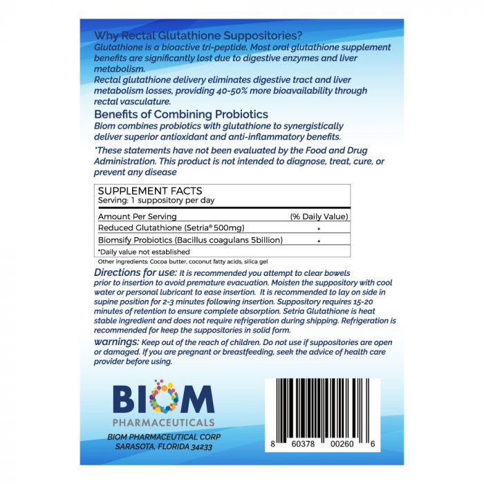 Gut Microbiome Human Health Probiotics | Biom Probiotics | Probiotics | High Potency Glutathione Suppository | L-Glutathione Probiotic Suppository