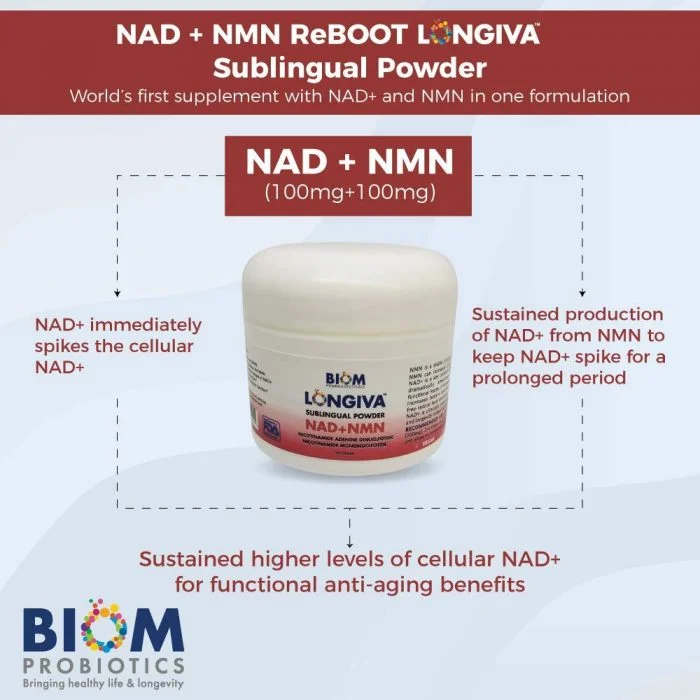 Supports and Improves Brain Health | Biom Probiotics | Biom NAD+NMN Sublingual Powder NAD+NMN powder Probiotic | NAD+NMN healthy aging powder